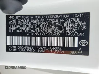 2011 Toyota Prius I with VIN JTDKN3DU6B5335486, listed as a Copart auction lot 54120745 with 208,650 mi miles and Salvage Title. Bid and sale history available at carsss.com. Image 12.