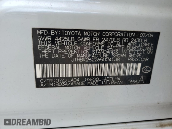 2006 Lexus IS 250 z VIN JTHBK262265024138, wystawiony jako Copart lot #52179695 z przebiegiem 199 509 mil mil oraz Szkody całkowita. Historia ofert i sprzedaży dostępna na DreamBid. Obrazek 14.
