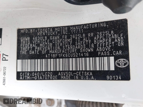 2012 Toyota Camry L with VIN 4T1BF1FK6CU521416, listed as a IAAI auction lot 41081743 with 203,016 mi miles and . Bid and sale history available at carsss.com. Image 9.