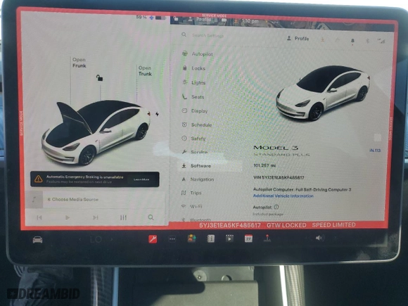 2019 Tesla Model 3 Mid Range with VIN 5YJ3E1EA5KF485617, listed as a Copart auction lot 42179575 with 101,257 mi miles and Salvage Title. Bid and sale history available at carsss.com. Image 9.