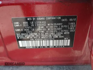 2017 Subaru Outback Premium with VIN 4S4BSAFC9H3418315, listed as a IAAI auction lot 42012091 with 62,906 mi miles and . Bid and sale history available at DreamBid. Image 9.