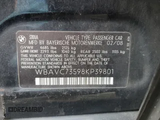 2008 BMW 3 Series 328xi with VIN WBAVC73598KP39801, listed as a Copart auction lot 43530145 with 140,626 mi miles and Salvage Title. Bid and sale history available at carsss.com. Image 12.