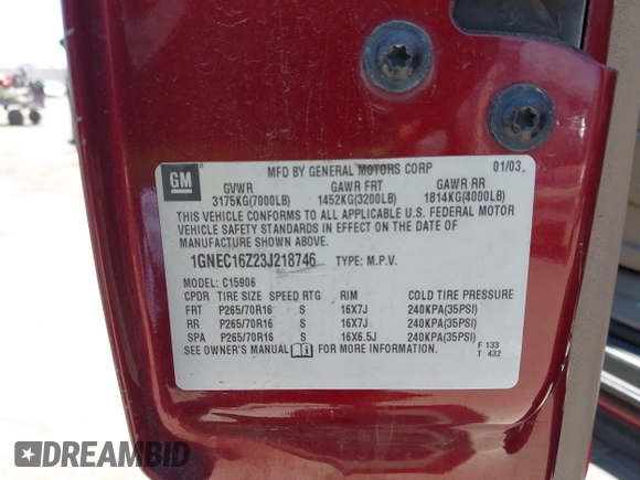 2003 Chevrolet Suburban LT z VIN 1GNEC16Z23J218746, wystawiony jako IAAI lot #42528186 z przebiegiem 132 078 mil mil oraz . Historia ofert i sprzedaży dostępna na DreamBid. Obrazek 9.