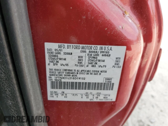 2001 Ford F-250 XL с VIN 1FTNX21L21ED19152, выставлен на аукционе Copart как лот 59357595 с пробегом 152 181 миль миль и Чистый • Clean title. История ставок и продаж доступна на DreamBid. Изображение 12.
