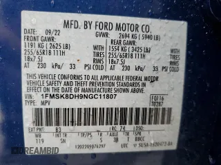 2022 Ford Explorer XLT z VIN 1FMSK8DH9NGC11807, wystawiony jako Copart lot #46702475 z przebiegiem 36 447 mil mil oraz Szkoda całkowita • Salvage title. Historia ofert i sprzedaży dostępna na DreamBid. Obrazek 14.