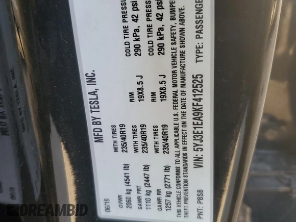 2019 Tesla Model 3 Mid Range with VIN 5YJ3E1EA9KF412525, listed as a Copart auction lot 48689825 with 134,768 mi miles and Salvage Title. Bid and sale history available at DreamBid. Image 14.