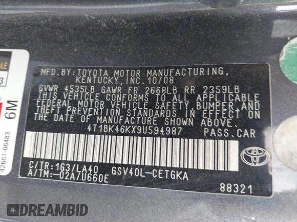 2009 Toyota Camry LE z VIN 4T1BK46KX9U594987, wystawiony jako IAAI lot #42039029 z przebiegiem 156 812 mil mil oraz . Historia ofert i sprzedaży dostępna na DreamBid. Obrazek 9.