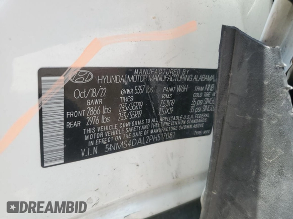 2023 Hyundai Santa Fe Limited with VIN 5NMS4DAL2PH517081, listed as a Copart auction lot 54197505 with 53,584 mi miles and Salvage Title. Bid and sale history available at DreamBid. Image 14.