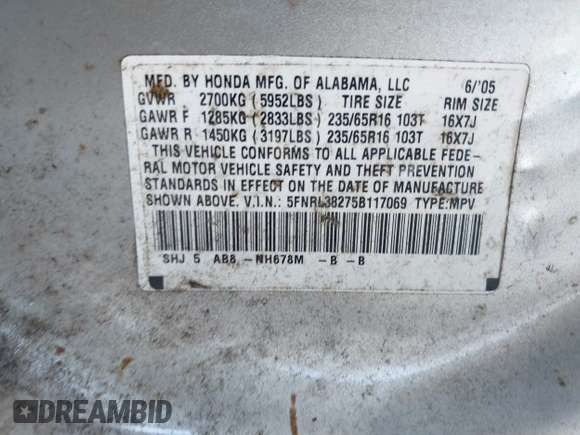 2005 Honda Odyssey LX z VIN 5FNRL38275B117069, wystawiony jako IAAI lot #42232470 z przebiegiem 265 180 mil mil oraz . Historia ofert i sprzedaży dostępna na DreamBid. Obrazek 9.