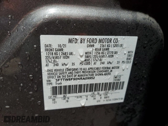2022 Ford Maverick XL with VIN 3FTTW8F90NRA09952, listed as a Copart auction lot 53827235 with 34,229 mi miles and Salvage Title. Bid and sale history available at DreamBid. Image 12.