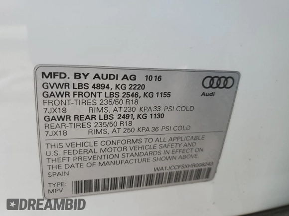 2017 Audi Q3 Premium Plus with VIN WA1JCCFSXHR008243, listed as a Copart auction lot 50393045 with 52,406 mi miles and Salvage title. Bid and sale history available at DreamBid. Image 14.