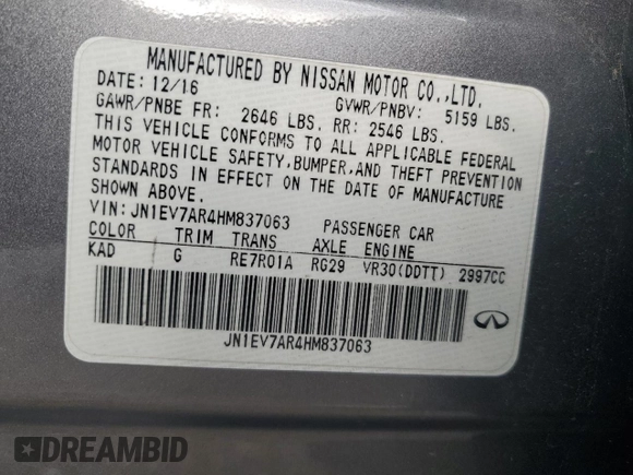 2017 Infiniti Q50 3.0t Signature Edition with VIN JN1EV7AR4HM837063, listed as a Copart auction lot 82882464 with 101,291 mi miles and Salvage Title. Bid and sale history available at carsss.com. Image 12.