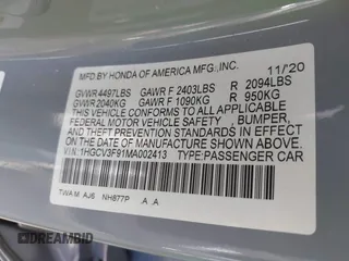 2021 Honda Accord Touring with VIN 1HGCV3F91MA002413, listed as a IAAI auction lot 40682887 with 101,653 mi miles and . Bid and sale history available at DreamBid. Image 9.
