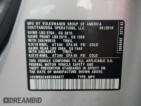 2019 Volkswagen Atlas SE with VIN 1V2WR2CA2KC583977, listed as a Copart auction lot 56501575 with 129,979 mi miles and Salvage title. Bid and sale history available at DreamBid. Image 14.