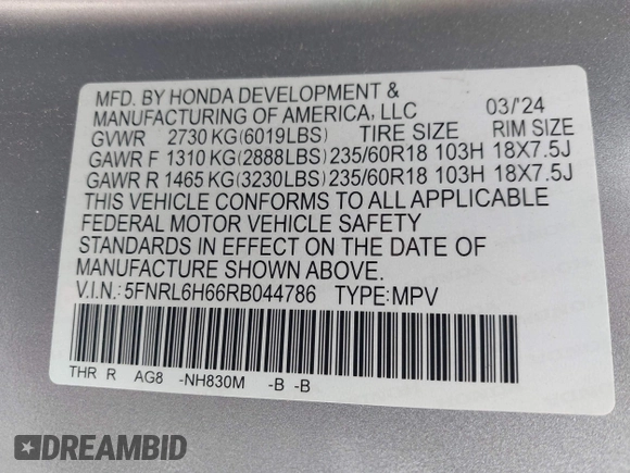 2024 Honda Odyssey EX-L z VIN 5FNRL6H66RB044786, wystawiony jako IAAI lot #42484466 z przebiegiem 40 016 mil mil oraz . Historia ofert i sprzedaży dostępna na DreamBid. Obrazek 9.