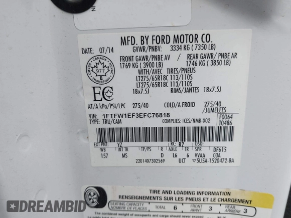 2014 Ford F-150 XL with VIN 1FTFW1EF3EFC76818, listed as a IAAI auction lot 41217824 with 155,317 mi miles. Bid and sale history available at carsss.com. Image 9.