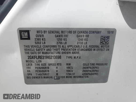 2017 GMC Terrain Denali with VIN 2GKFLRE31H6213698, listed as a Copart auction lot 48781045 with 92,404 mi miles and Salvage title. Bid and sale history available at DreamBid. Image 12.