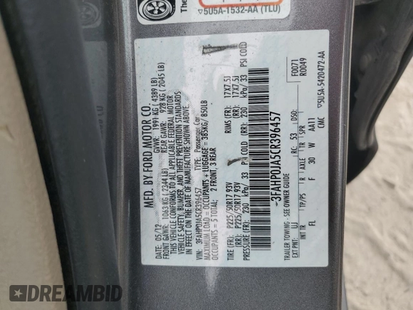 2012 Ford Fusion SEL z VIN 3FAHP0JA5CR396457, wystawiony jako Copart lot #53291475 z przebiegiem Nie podano mil oraz Szkoda całkowita • Salvage title. Historia ofert i sprzedaży dostępna na DreamBid. Obrazek 14.