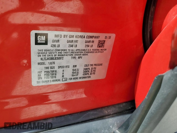 2020 Chevrolet Trax LS with VIN KL7CJKSB8LB350972, listed as a Copart auction lot 59056185 with 41,788 mi miles and Salvage title. Bid and sale history available at DreamBid. Image 13.