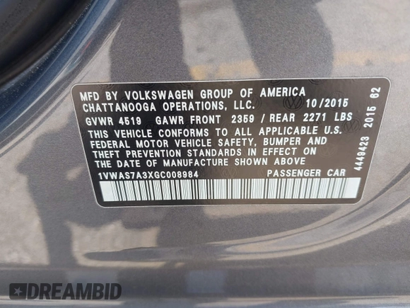 2016 Volkswagen Passat S с VIN 1VWAS7A3XGC008984, выставлен на аукционе IAAI как лот 42578188 с пробегом 167 585 миль миль и . История ставок и продаж доступна на DreamBid. Изображение 9.
