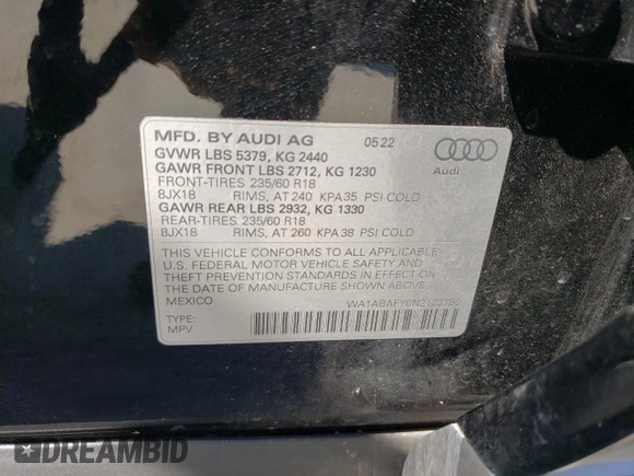 2022 Audi Q5 Premium with VIN WA1ABAFY0N2123790, listed as a Copart auction lot 51836824 with 27,745 mi miles and Salvage title. Bid and sale history available at DreamBid. Image 12.