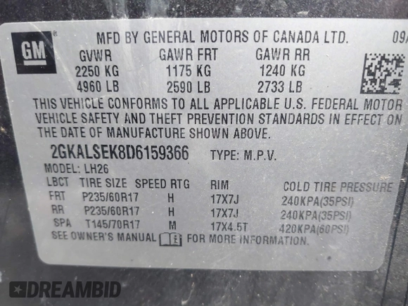 2013 GMC Terrain SLE with VIN 2GKALSEK8D6159366, listed as a IAAI auction lot 42095170 with 136,635 mi miles and . Bid and sale history available at DreamBid. Image 9.