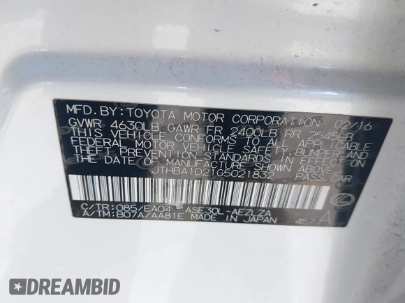 2016 Lexus IS 200t с VIN JTHBA1D21G5021832, выставлен на аукционе IAAI как лот 42452936 с пробегом 69 249 миль миль и . История ставок и продаж доступна на DreamBid. Изображение 9.
