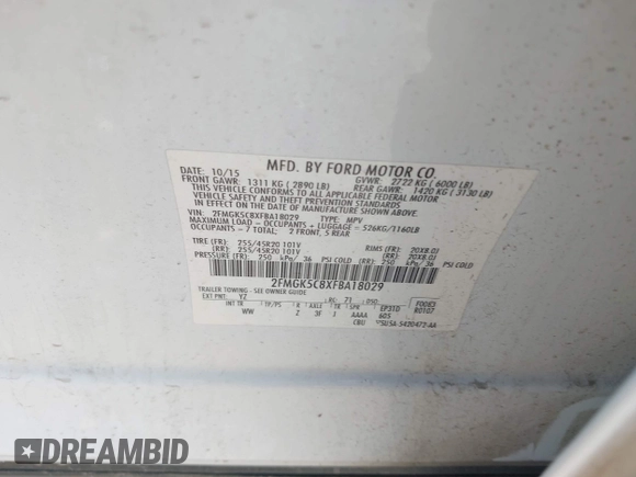 2015 Ford Flex SEL z VIN 2FMGK5C8XFBA18029, wystawiony jako IAAI lot #42333655 z przebiegiem 171 389 mil mil oraz . Historia ofert i sprzedaży dostępna na DreamBid. Obrazek 9.
