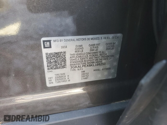2019 GMC Terrain SLT with VIN 3GKALPEX6KL199253, listed as a Copart auction lot 45329885 with 59,557 mi miles and Salvage Title. Bid and sale history available at DreamBid. Image 15.
