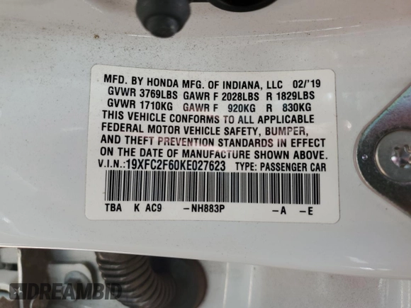 2019 Honda Civic Sedan LX with VIN 19XFC2F60KE027623, listed as a Copart auction lot 53839175 with 104,820 mi miles and Salvage Title. Bid and sale history available at carsss.com. Image 12.