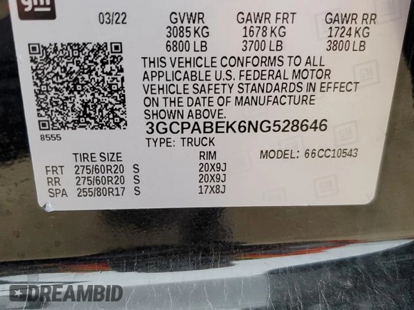 2022 Chevrolet Silverado 1500 Custom with VIN 3GCPABEK6NG528646, listed as a Copart auction lot 44184345 with 53,102 mi miles and Salvage Title. Bid and sale history available at DreamBid. Image 12.