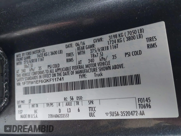 2016 Ford F-150 XLT with VIN 1FTFW1EF6GKF11741, listed as a IAAI auction lot 41631762 with 115,634 mi miles and . Bid and sale history available at DreamBid. Image 9.