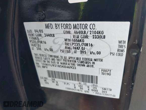 2005 Ford Escape XLT с VIN 1FMYU93185KE46923, выставлен на аукционе IAAI как лот 40062345 с пробегом Не указан миль и . История ставок и продаж доступна на DreamBid. Изображение 9.