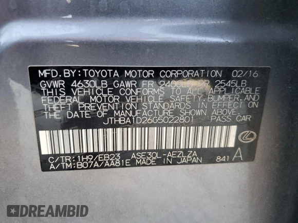2016 Lexus IS 200t z VIN JTHBA1D26G5022801, wystawiony jako Copart lot #64825015 z przebiegiem 110 045 mil mil oraz Szkoda całkowita • Salvage title. Historia ofert i sprzedaży dostępna na DreamBid. Obrazek 12.