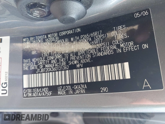 2006 Lexus GX 470 z VIN JTJBT20X360121362, wystawiony jako IAAI lot #42324719 z przebiegiem 116 272 mil mil oraz . Historia ofert i sprzedaży dostępna na DreamBid. Obrazek 9.