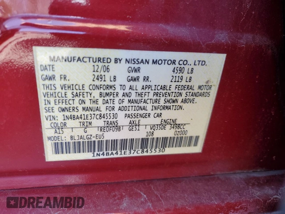 2007 Nissan Maxima 3.5 SL with VIN 1N4BA41E37C845530, listed as a Copart auction lot 51525105 with 200,118 mi miles and Salvage Title. Bid and sale history available at carsss.com. Image 14.