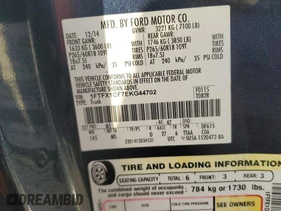 2014 Ford F-150 XL with VIN 1FTFX1CF7EKG44702, listed as a Copart auction lot 45189245 with 135,112 mi miles and Salvage Title. Bid and sale history available at carsss.com. Image 14.