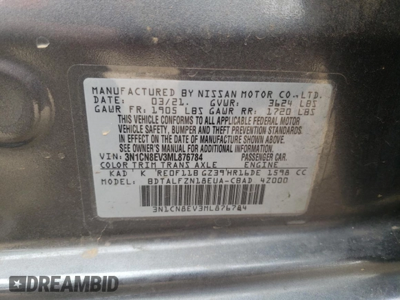 2021 Nissan Versa SV z VIN 3N1CN8EV3ML876784, wystawiony jako Copart lot #52568865 z przebiegiem 67 078 mil mil oraz Szkoda całkowita • Salvage title. Historia ofert i sprzedaży dostępna na DreamBid. Obrazek 13.