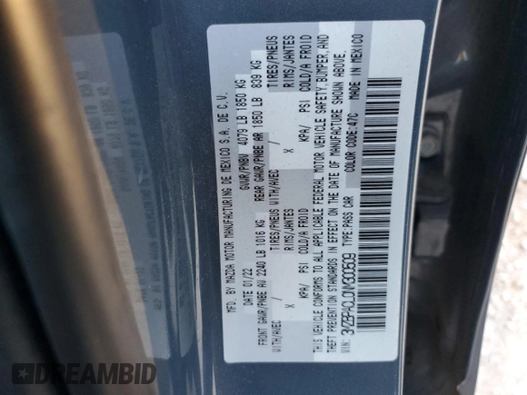 2022 Mazda 3 Carbon Edition z VIN 3MZBPACL0NM300509, wystawiony jako Copart lot #82294524 z przebiegiem 43 367 mil mil oraz Szkoda całkowita • Salvage title. Historia ofert i sprzedaży dostępna na DreamBid. Obrazek 12.