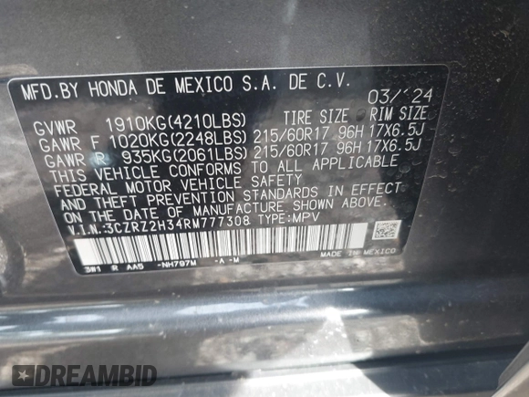 2024 Honda HR-V LX with VIN 3CZRZ2H34RM777308, listed as a IAAI auction lot 41930049 with 8,646 mi miles and . Bid and sale history available at DreamBid. Image 9.