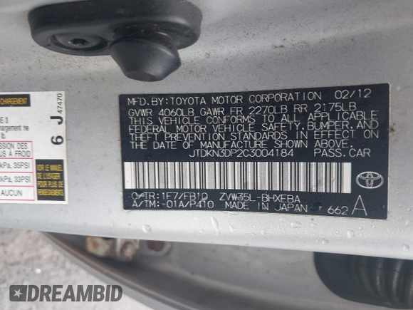 2012 Toyota Prius with VIN JTDKN3DP2C3004184, listed as a IAAI auction lot 42179963 with 210,815 mi miles and . Bid and sale history available at DreamBid. Image 9.