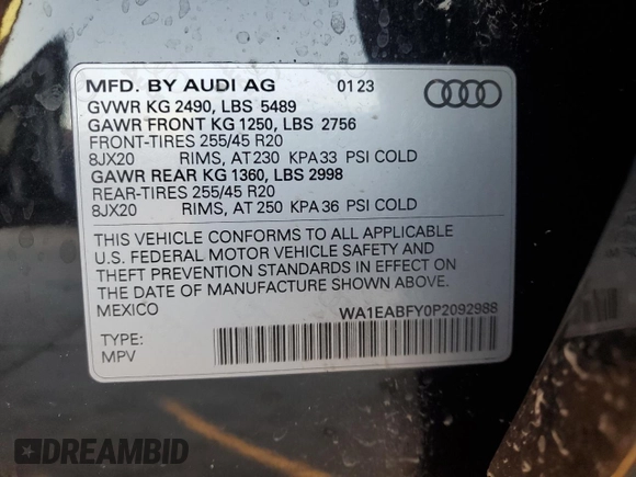 2023 Audi Q5 S line Premium Plus with VIN WA1EABFY0P2092988, listed as a Copart auction lot 41808045 with 30,750 mi miles and Salvage Title. Bid and sale history available at DreamBid. Image 14.