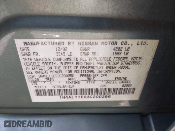 2003 Nissan Altima S z VIN 1N4AL11E93C200296, wystawiony jako IAAI lot #42231686 z przebiegiem 197 595 mil mil oraz . Historia ofert i sprzedaży dostępna na DreamBid. Obrazek 9.