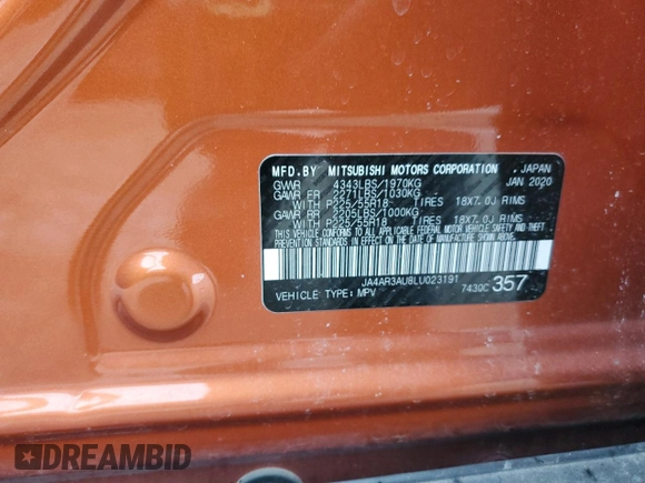 2020 Mitsubishi Outlander ES with VIN JA4AR3AU8LU023191, listed as a Copart auction lot 49803675 with Not provided miles and Salvage title. Bid and sale history available at DreamBid. Image 15.