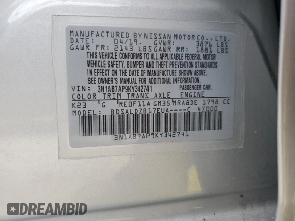 2019 Nissan Sentra S with VIN 3N1AB7AP9KY342741, listed as a Copart auction lot 51790525 with 45,327 mi miles and Salvage Title. Bid and sale history available at DreamBid. Image 13.