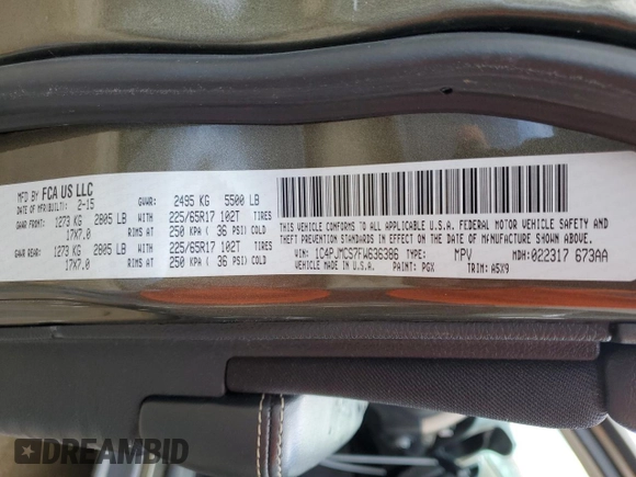 2015 Jeep Cherokee Latitude with VIN 1C4PJMCS7FW636386, listed as a Copart auction lot 75179484 with 169,815 mi miles and Non Repairable. Bid and sale history available at DreamBid. Image 14.