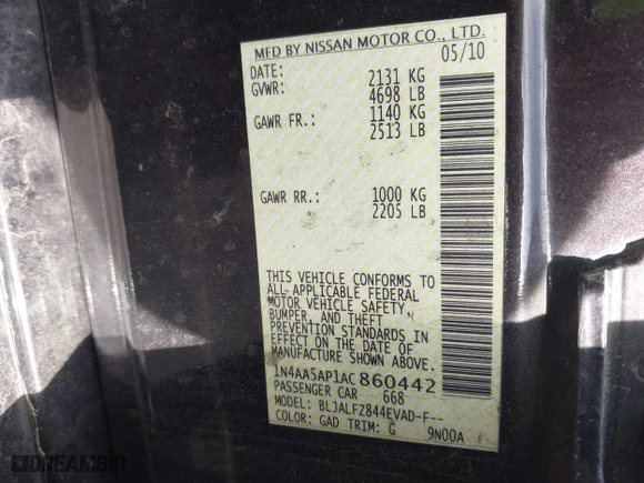 2010 Nissan Maxima 3.5 SV w/Sport Pkg with VIN 1N4AA5AP1AC860442, listed as a IAAI auction lot 42110964 with 189,392 mi miles. Bid and sale history available at carsss.com. Image 9.