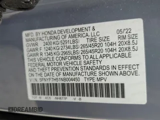 2022 Honda Passport EX-L z VIN 5FNYF7H51NB004450, wystawiony jako Copart lot #54874325 z przebiegiem 33 453 mil mil oraz Szkody całkowita. Historia ofert i sprzedaży dostępna na DreamBid. Obrazek 14.