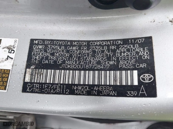 2008 Toyota Prius with VIN JTDKB20U187728477, listed as a IAAI auction lot 41772112 with 230,799 mi miles. Bid and sale history available at carsss.com. Image 9.