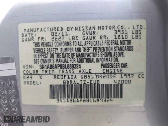 2011 Nissan Sentra SL with VIN 3N1AB6AP8BL689324, listed as a IAAI auction lot 42431354 with 140,235 mi miles and . Bid and sale history available at DreamBid. Image 9.